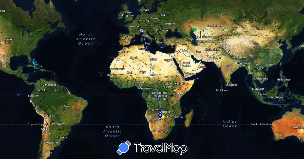 TravelMap itinerary: driving, volo internazionale in Botswana, Italy, Zimbabwe (Africa, Europe)