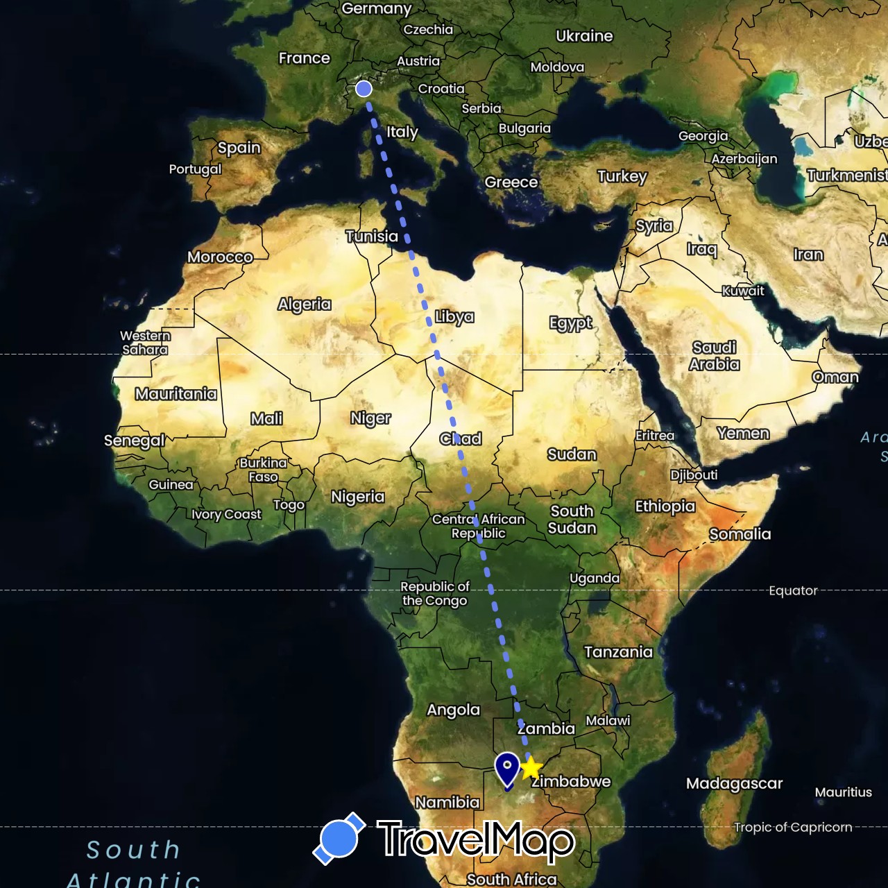 TravelMap itinerary: driving, volo internazionale in Botswana, Italy, Zimbabwe (Africa, Europe)