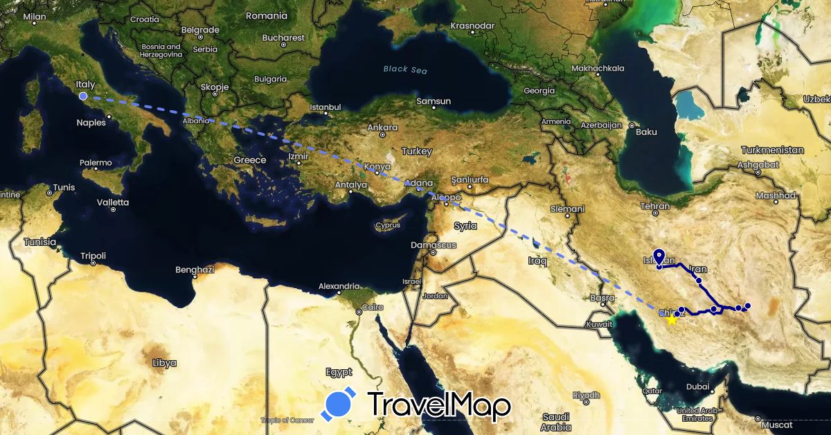 TravelMap itinerary: driving, volo internazionale in Iran, Italy (Asia, Europe)