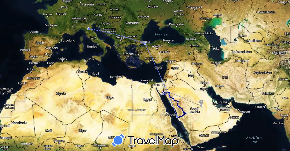 TravelMap itinerary: driving, plane, volo internazionale in Saudi Arabia, Turkey (Asia)