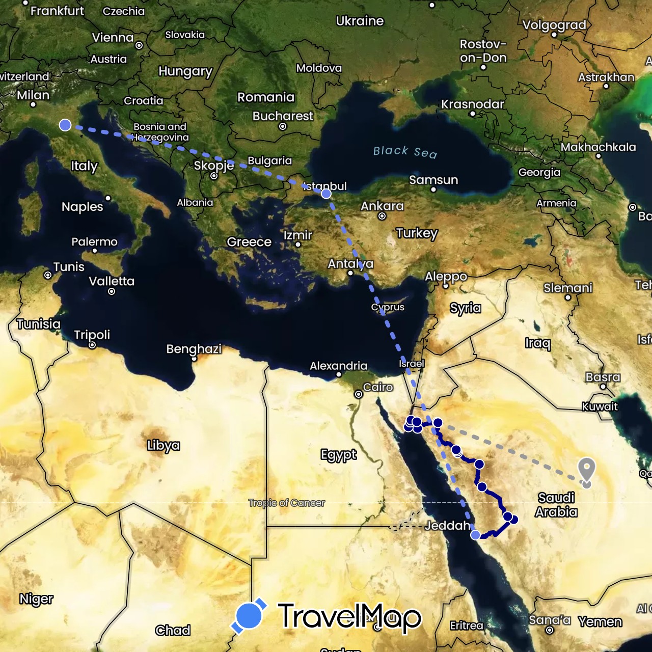 TravelMap itinerary: driving, plane, volo internazionale in Saudi Arabia, Turkey (Asia)