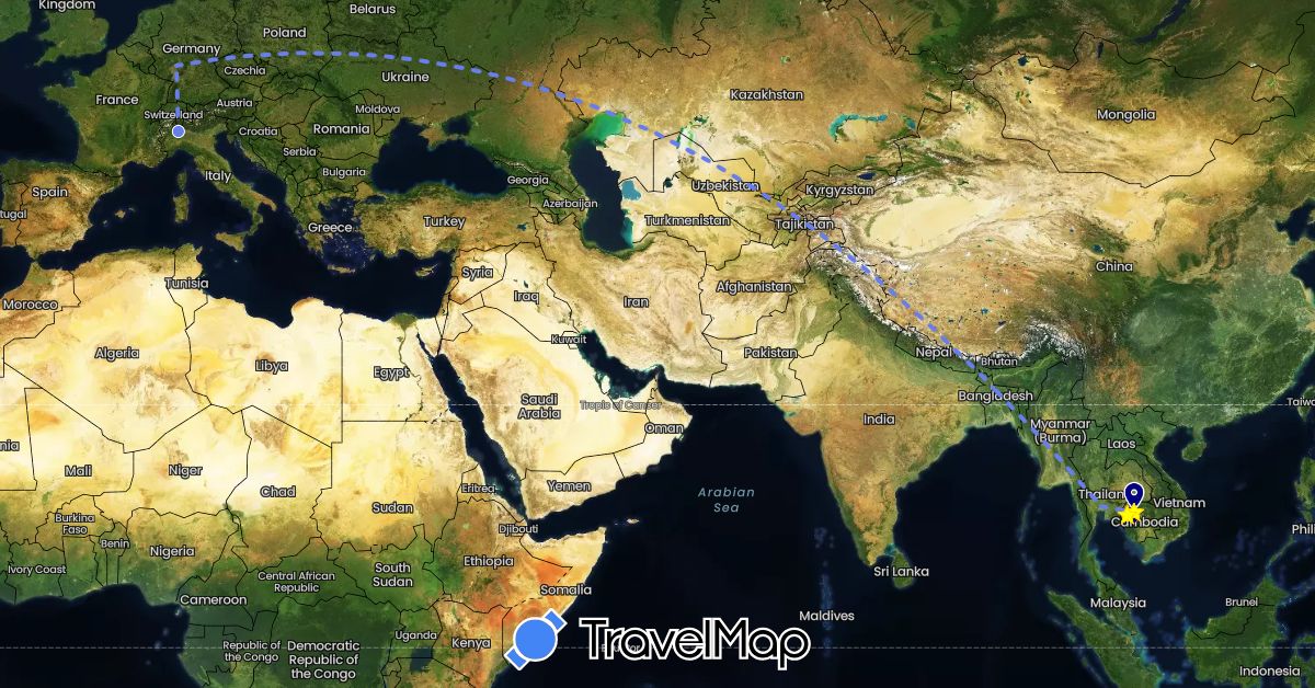 TravelMap itinerary: driving, volo internazionale in Germany, Italy, Cambodia, Thailand (Asia, Europe)