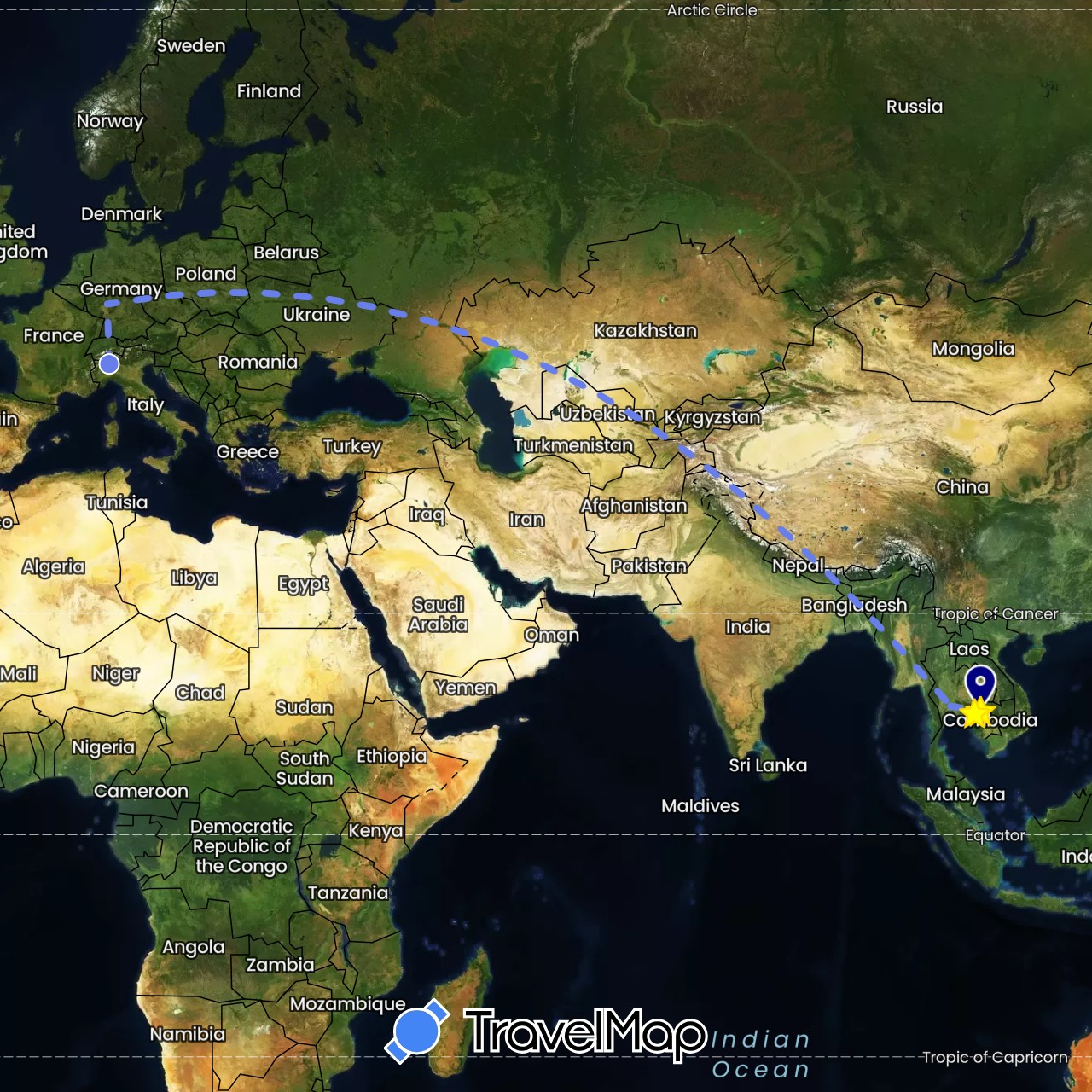 TravelMap itinerary: driving, volo internazionale in Germany, Italy, Cambodia, Thailand (Asia, Europe)