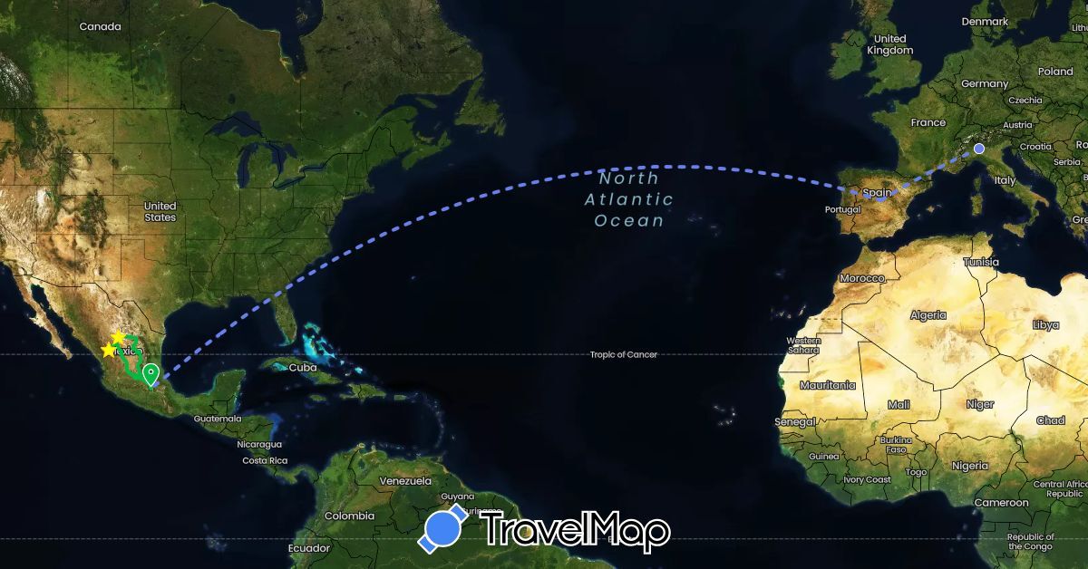 TravelMap itinerary: driving, bus, volo internazionale in Spain, Italy, Mexico (Europe, North America)
