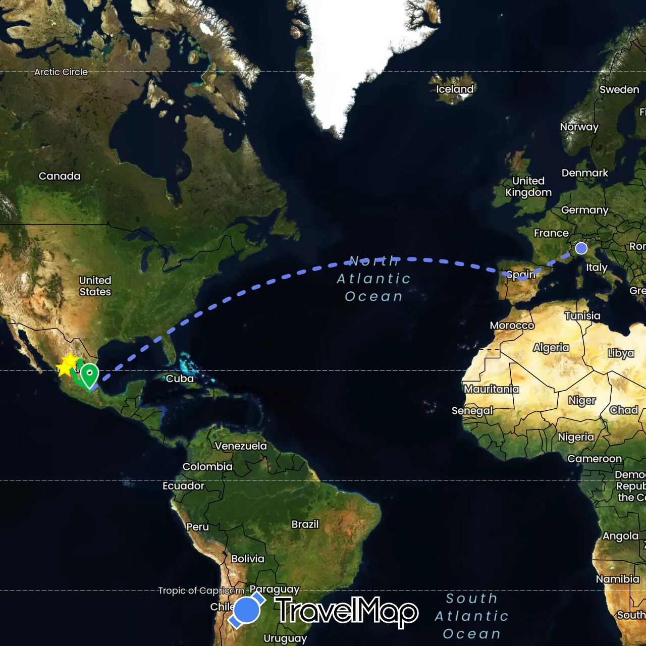 TravelMap itinerary: driving, bus, volo internazionale in Spain, Italy, Mexico (Europe, North America)