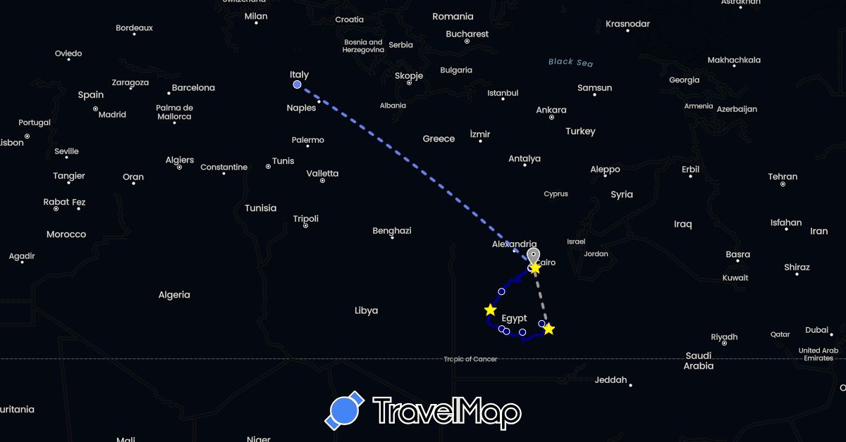 TravelMap itinerary: driving, plane, volo internazionale in Egypt, Italy (Africa, Europe)