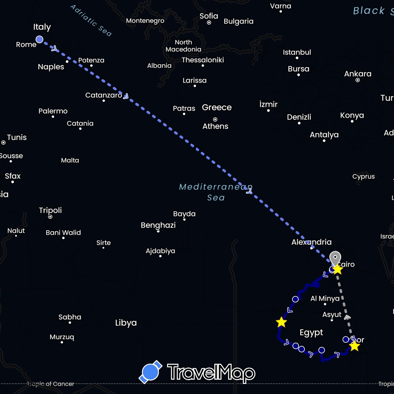 TravelMap itinerary: driving, plane, volo internazionale in Egypt, Italy (Africa, Europe)