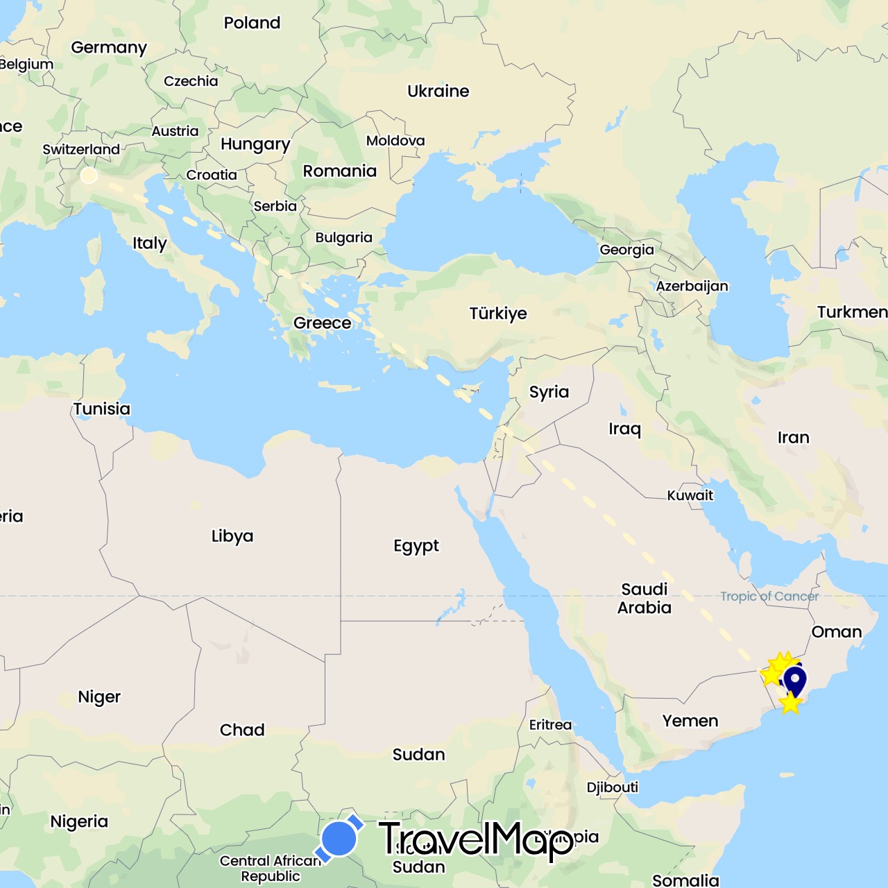 TravelMap itinerary: driving, volo internazionale in Italy, Oman (Asia, Europe)