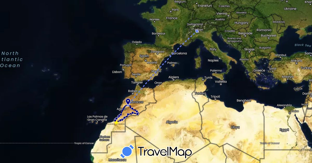 TravelMap itinerary: driving, volo internazionale in Italy, Morocco (Africa, Europe)