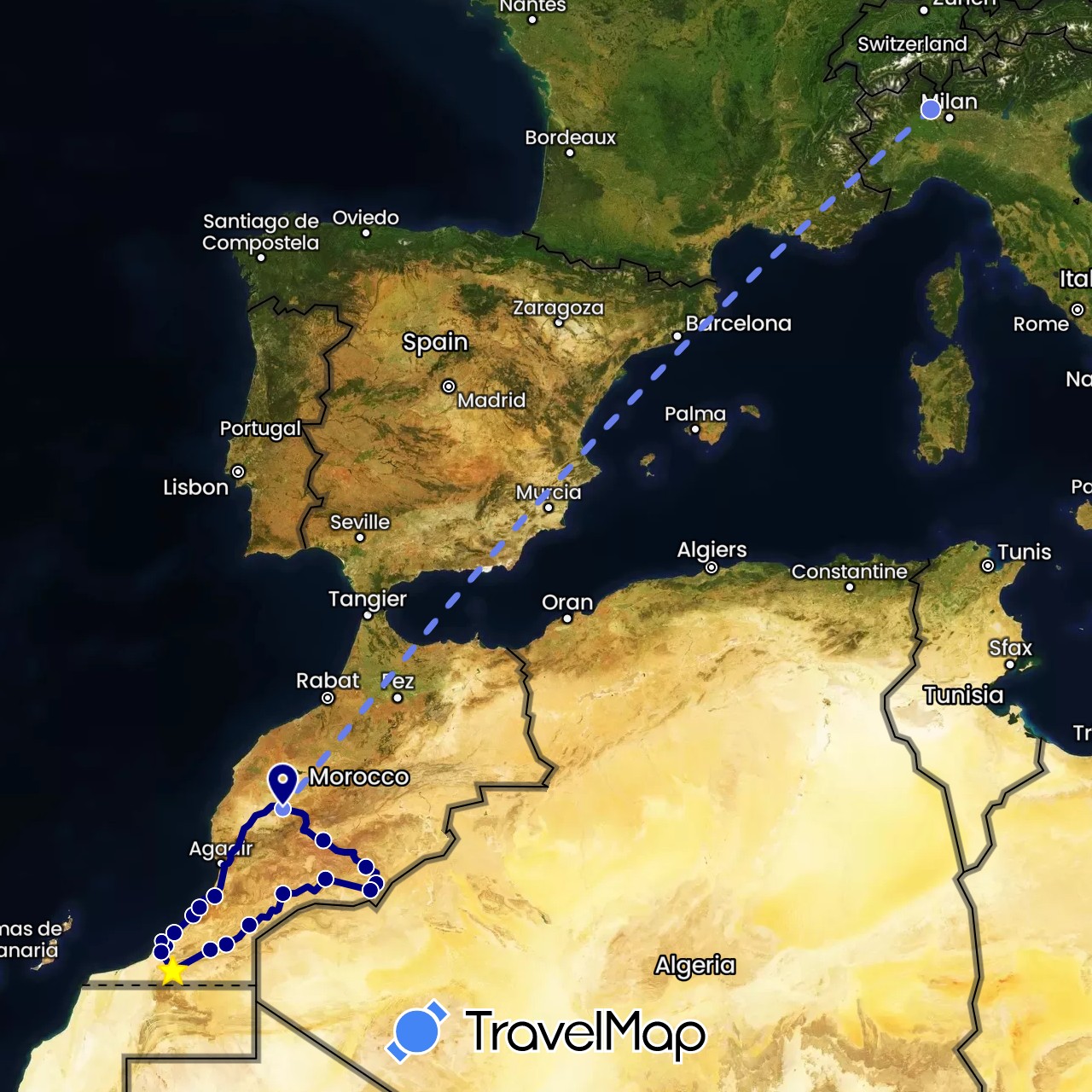 TravelMap itinerary: driving, volo internazionale in Italy, Morocco (Africa, Europe)