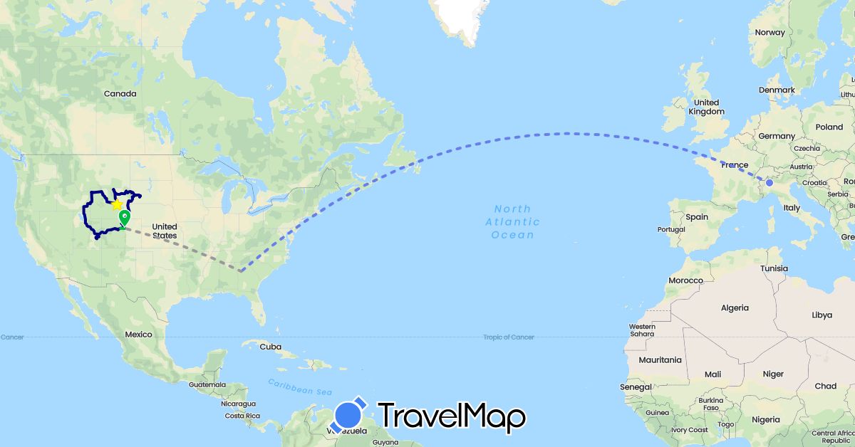 TravelMap itinerary: driving, bus, plane, volo internazionale in Italy, United States (Europe, North America)