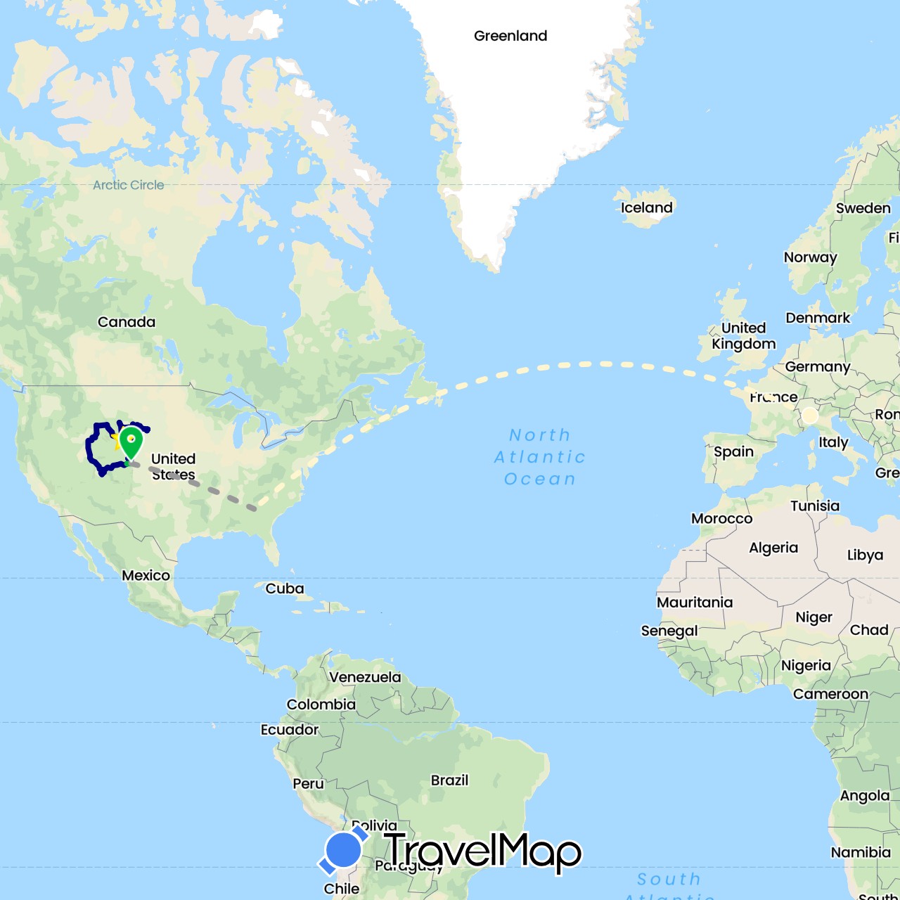 TravelMap itinerary: driving, bus, plane, volo internazionale in Italy, United States (Europe, North America)
