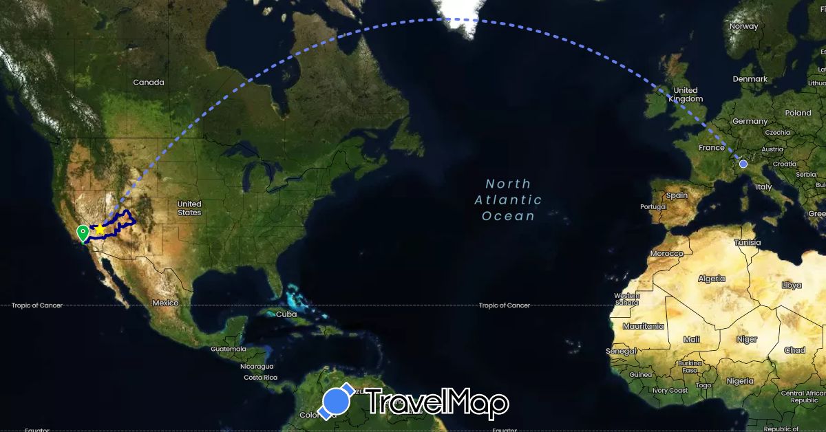 TravelMap itinerary: driving, bus, volo internazionale in Italy, United States (Europe, North America)