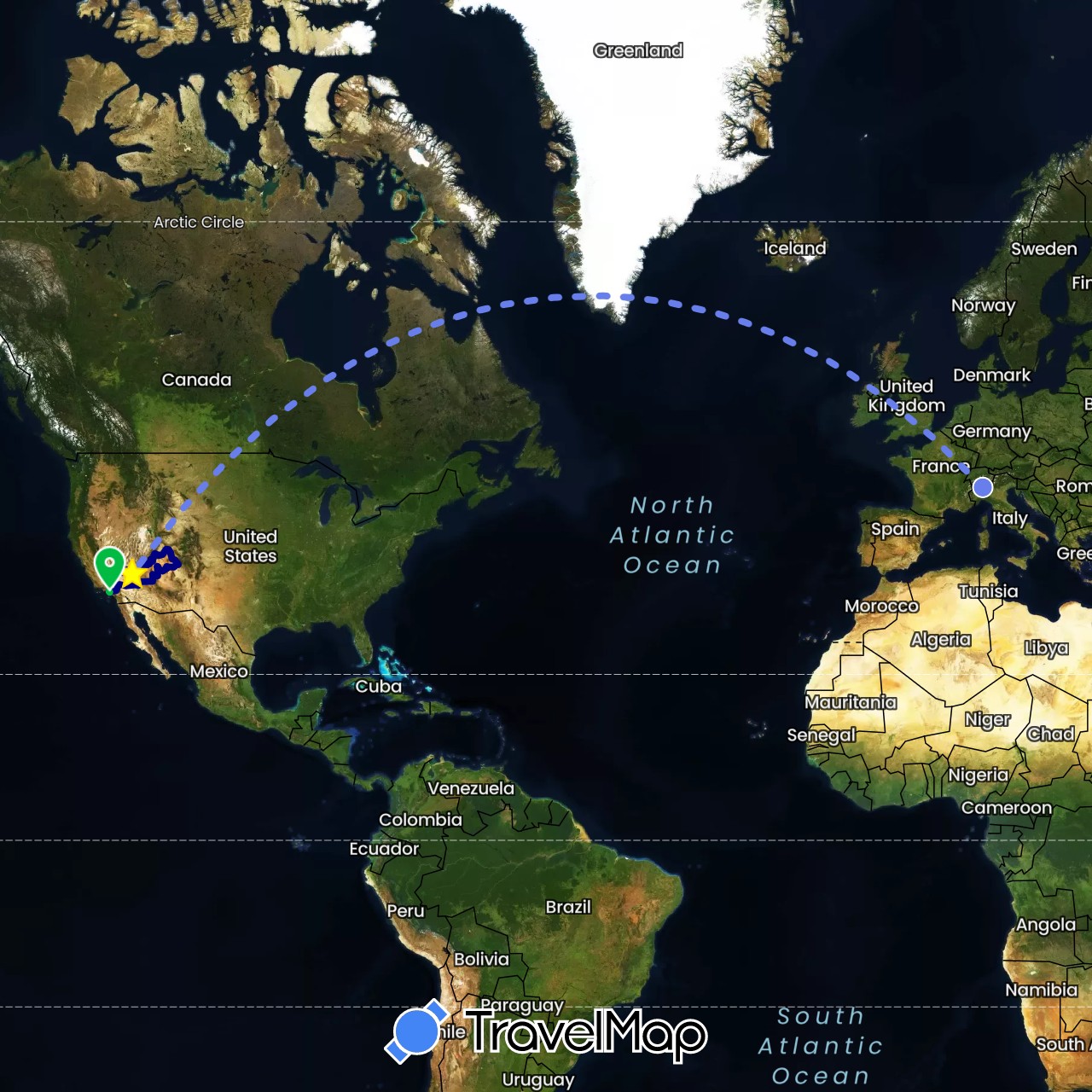 TravelMap itinerary: driving, bus, volo internazionale in Italy, United States (Europe, North America)