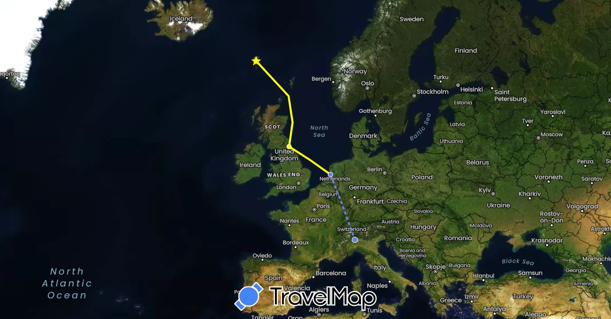 TravelMap itinerary: driving, volo internazionale, crociera in Faroe Islands, United Kingdom, Italy, Netherlands (Europe)