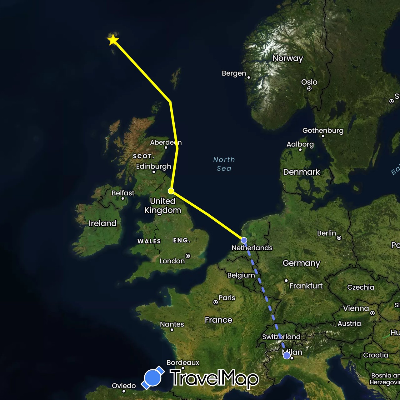 TravelMap itinerary: driving, volo internazionale, crociera in Faroe Islands, United Kingdom, Italy, Netherlands (Europe)