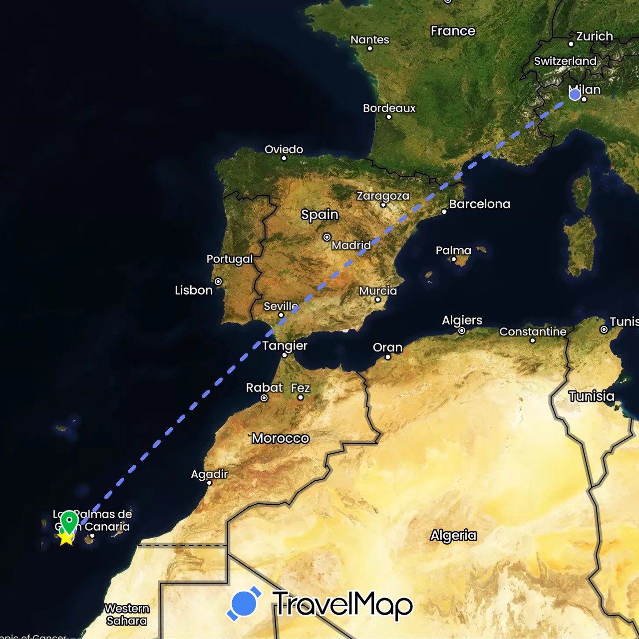 TravelMap itinerary: driving, bus, volo internazionale in Spain, Italy (Europe)