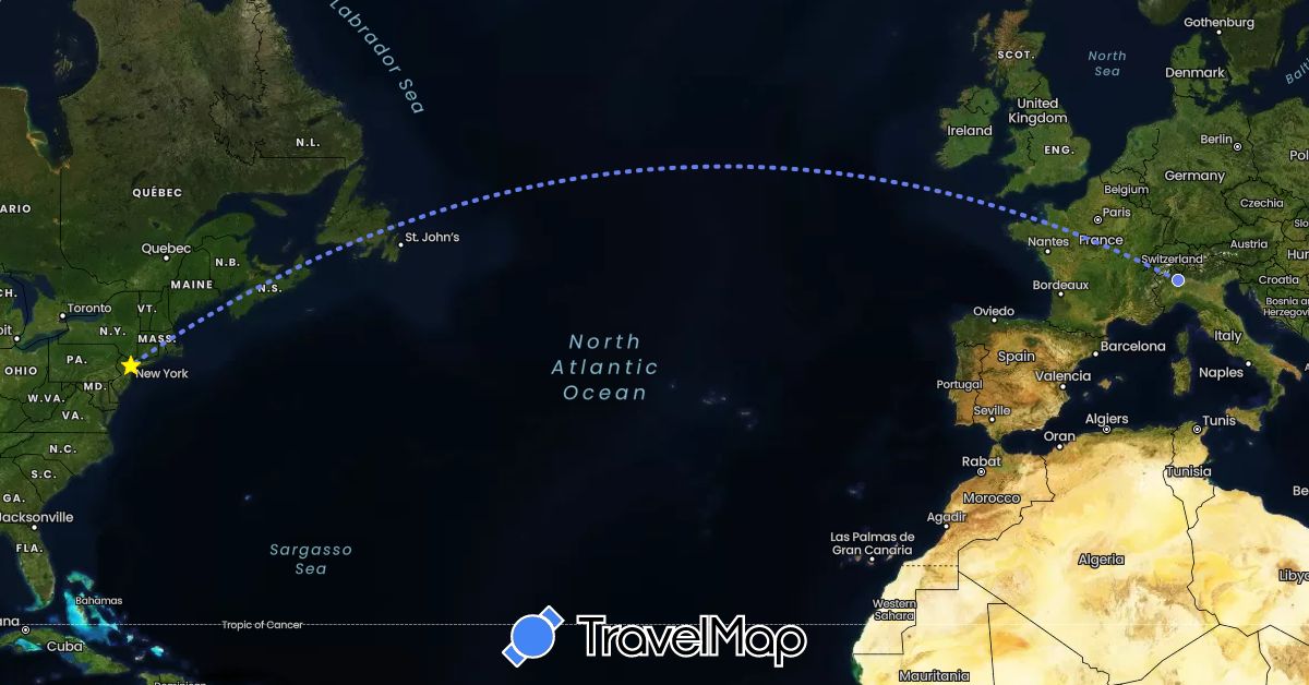 TravelMap itinerary: driving, volo internazionale in Italy, United States (Europe, North America)