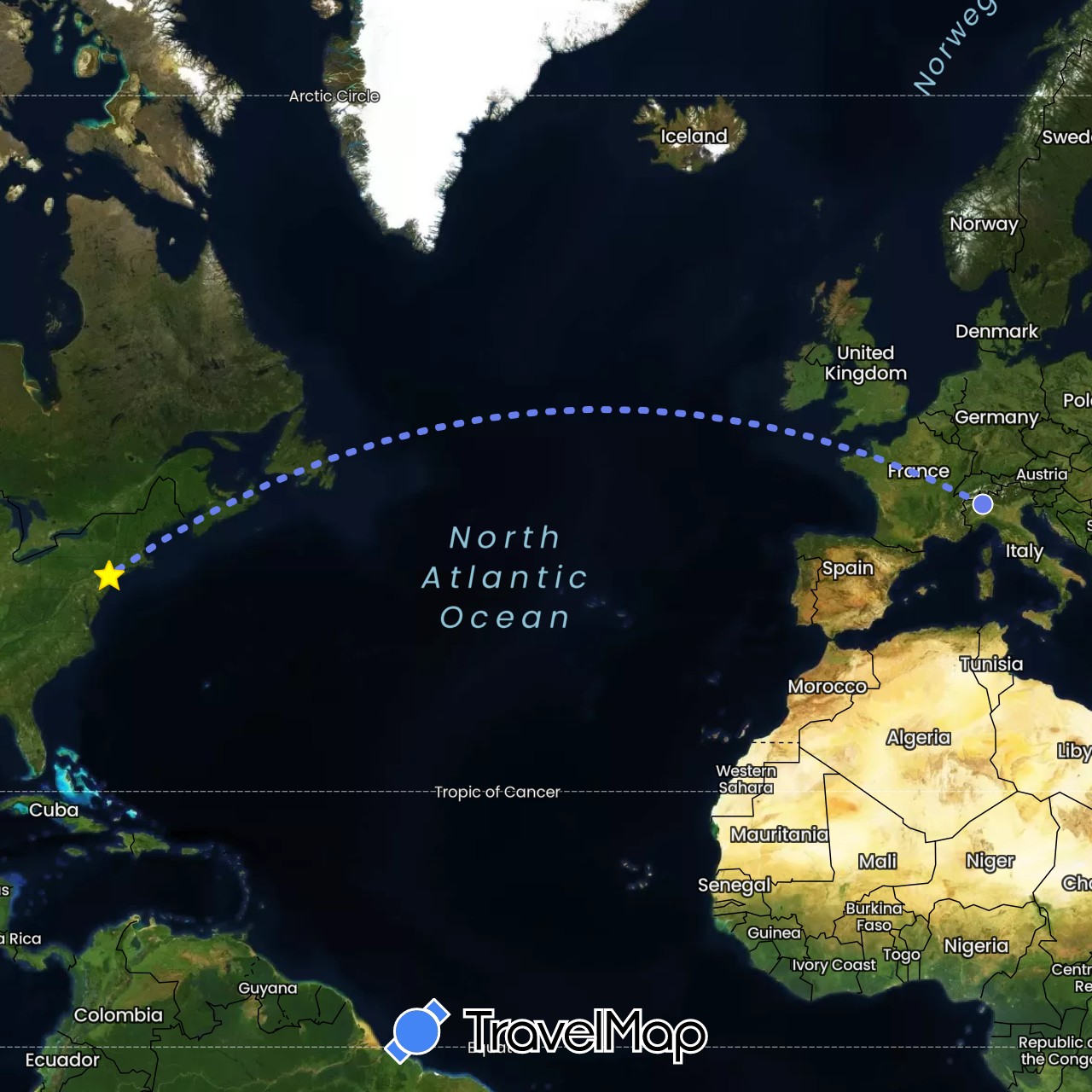 TravelMap itinerary: driving, volo internazionale in Italy, United States (Europe, North America)