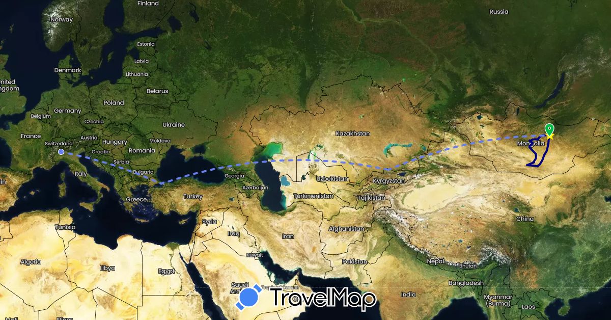 TravelMap itinerary: driving, bus, volo internazionale in Italy, Kyrgyzstan, Mongolia, Turkey (Asia, Europe)