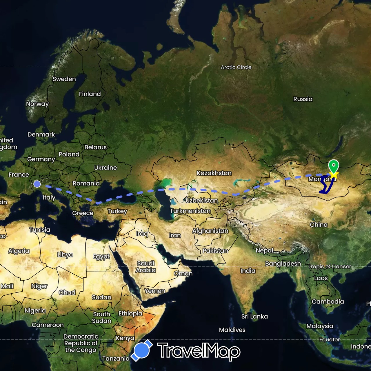 TravelMap itinerary: driving, bus, volo internazionale in Italy, Kyrgyzstan, Mongolia, Turkey (Asia, Europe)