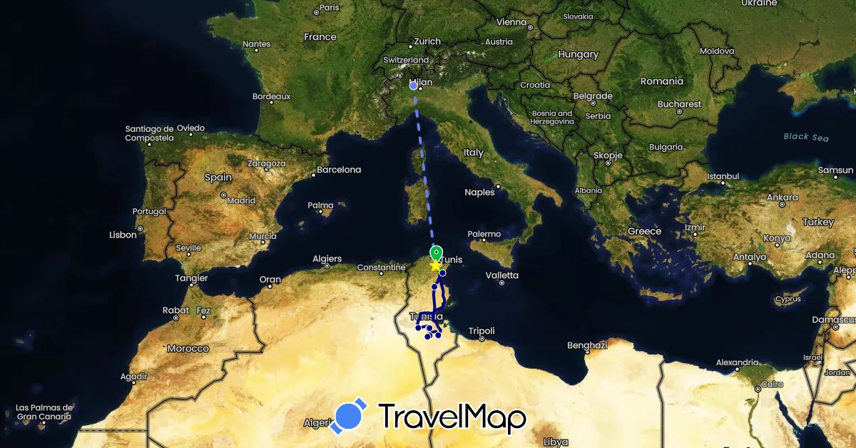TravelMap itinerary: driving, bus, volo internazionale in Italy, Tunisia (Africa, Europe)