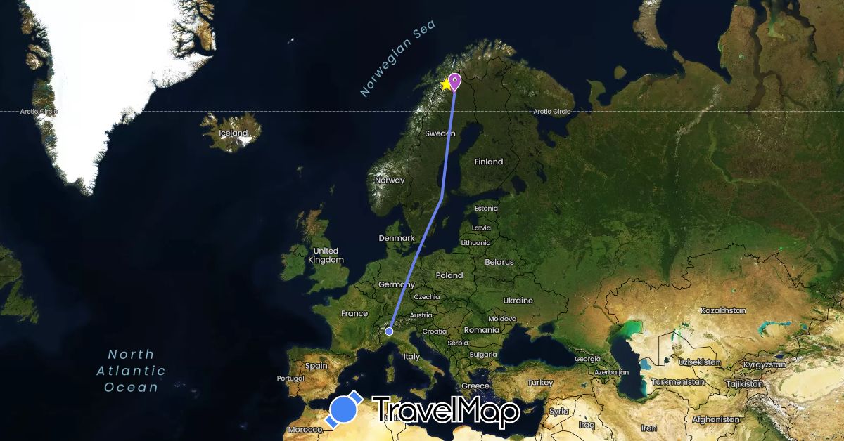 TravelMap itinerary: driving, plane, train, volo internazionale in Italy, Sweden (Europe)