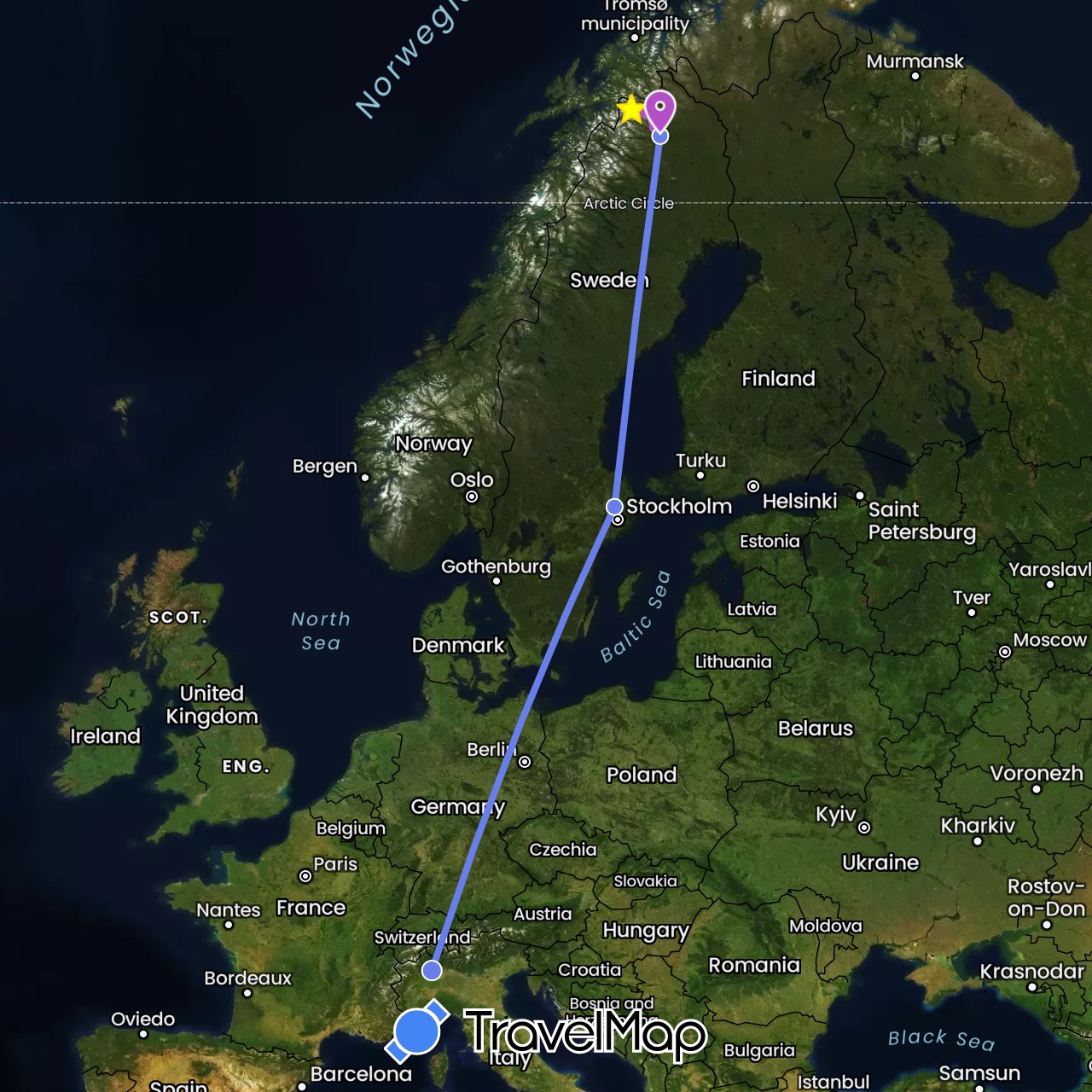 TravelMap itinerary: driving, plane, train, volo internazionale in Italy, Sweden (Europe)