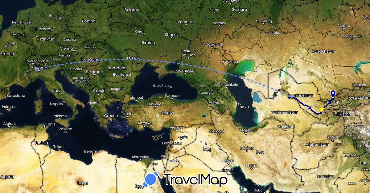 TravelMap itinerary: driving, volo internazionale in Italy, Uzbekistan (Asia, Europe)