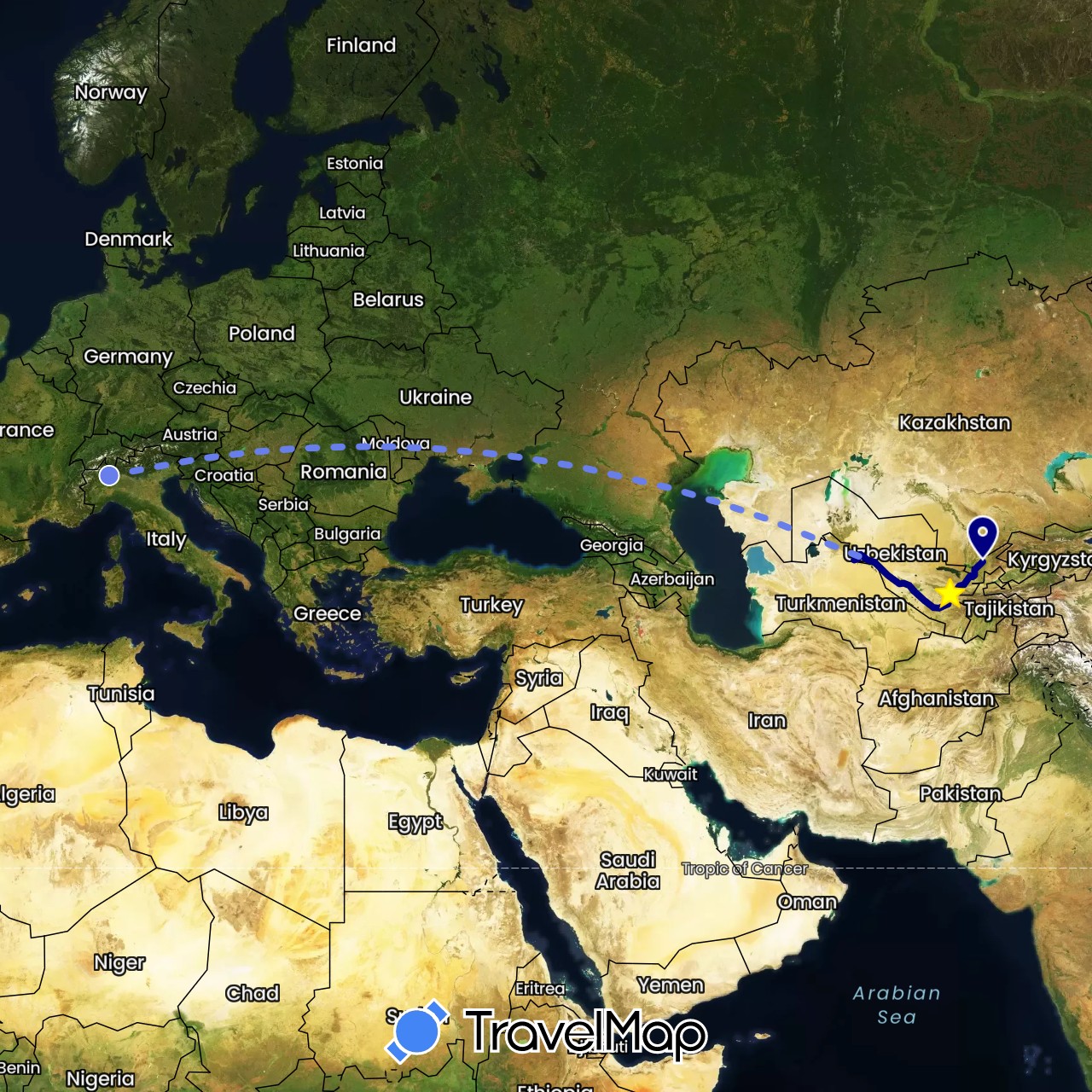 TravelMap itinerary: driving, volo internazionale in Italy, Uzbekistan (Asia, Europe)