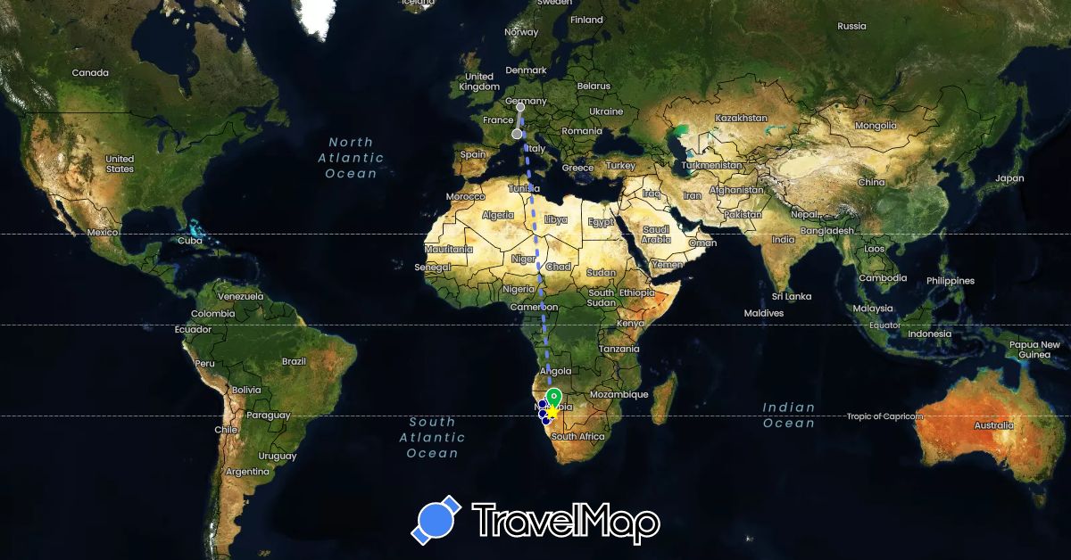 TravelMap itinerary: driving, bus, plane, volo internazionale in Germany, Italy, Namibia (Africa, Europe)