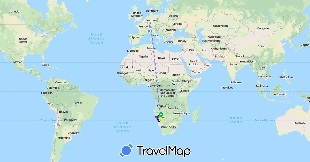 TravelMap itinerary: driving, bus, volo internazionale in Germany, Italy, Namibia (Africa, Europe)