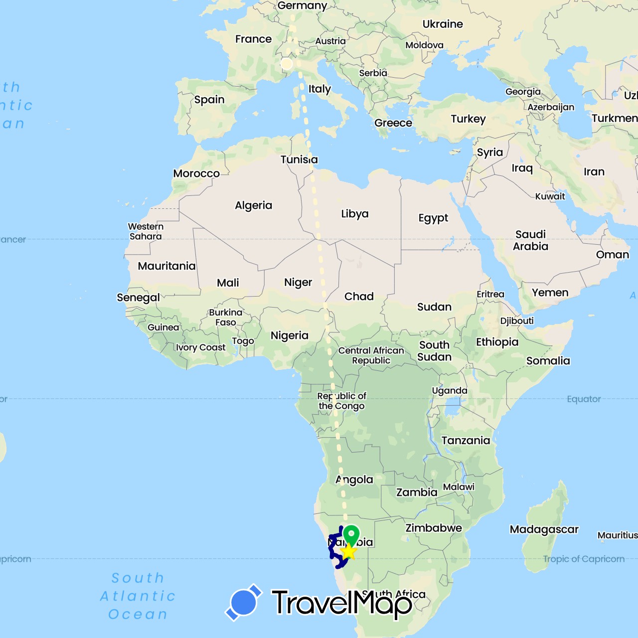 TravelMap itinerary: driving, bus, volo internazionale in Germany, Italy, Namibia (Africa, Europe)
