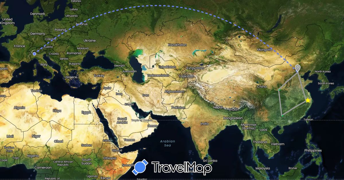 TravelMap itinerary: driving, bus, plane, volo internazionale in China, Italy (Asia, Europe)
