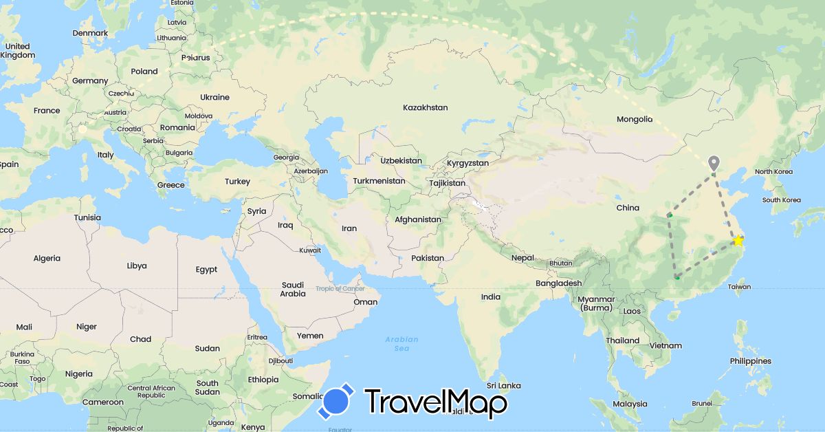 TravelMap itinerary: driving, bus, plane, volo internazionale in China, Italy (Asia, Europe)