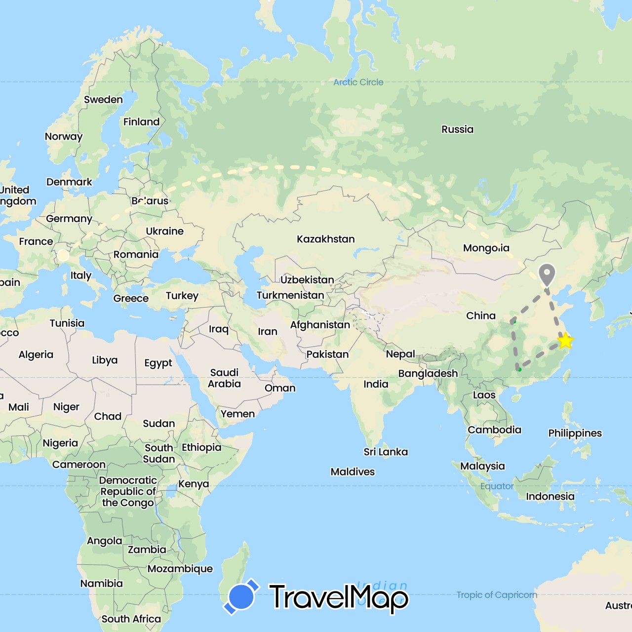 TravelMap itinerary: driving, bus, plane, volo internazionale in China, Italy (Asia, Europe)