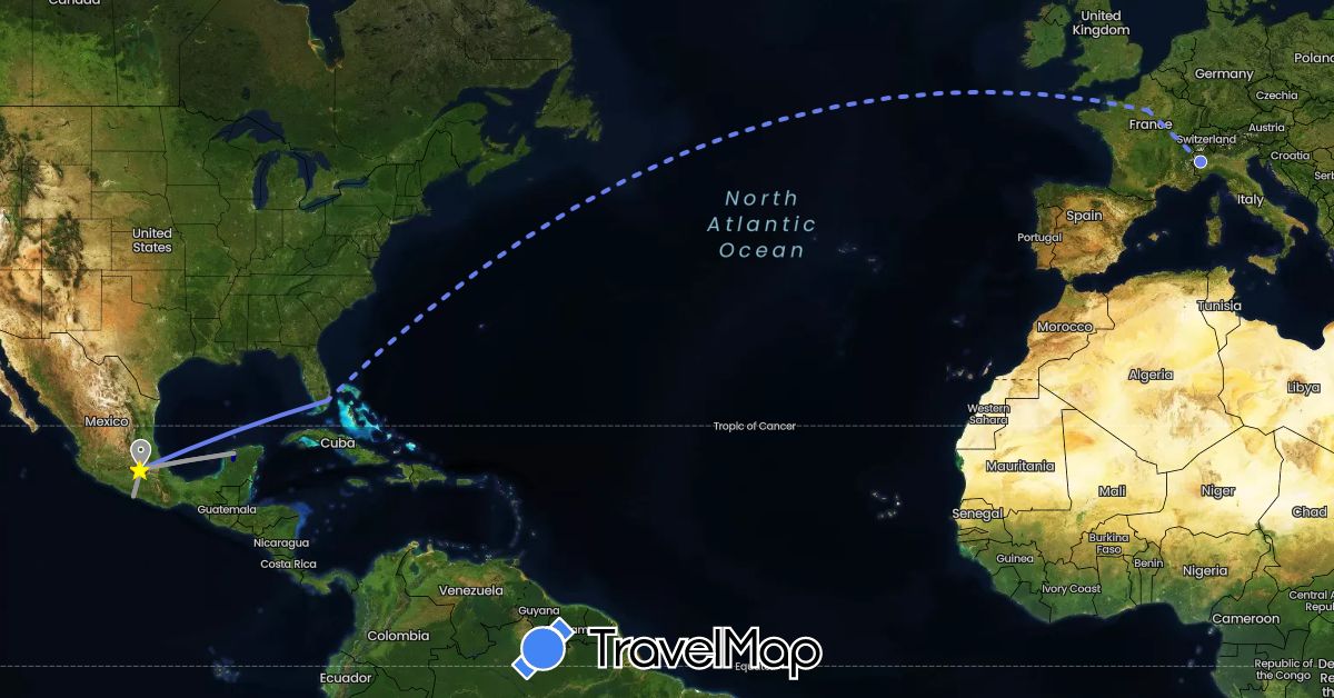 TravelMap itinerary: driving, bus, plane, volo internazionale in France, Italy, Mexico, United States (Europe, North America)