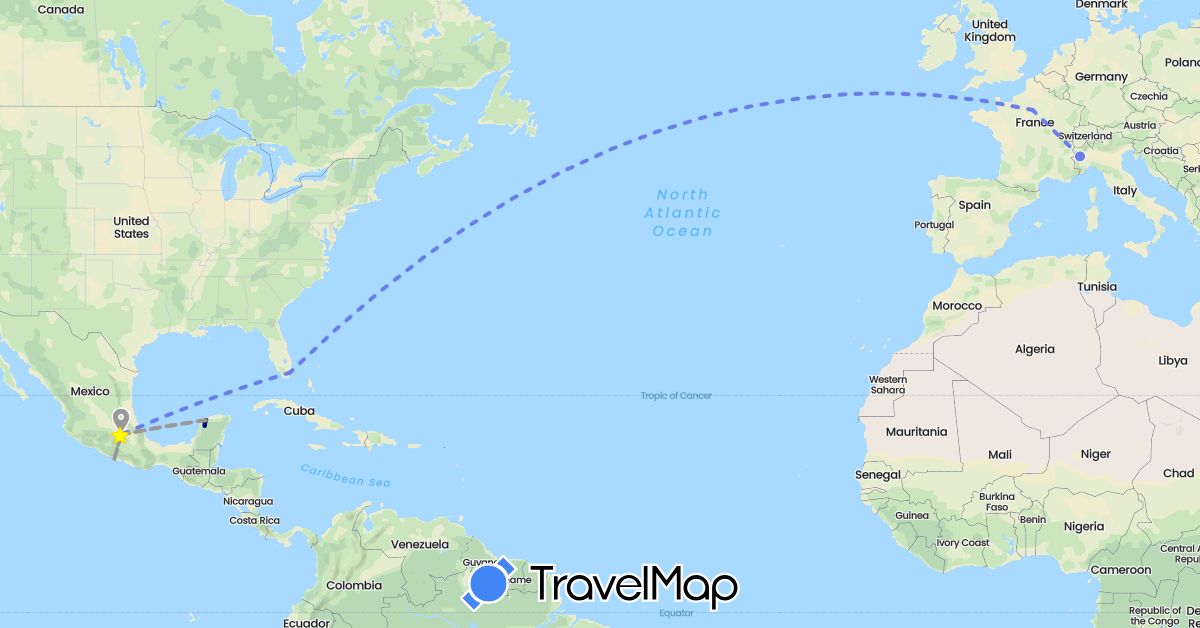 TravelMap itinerary: driving, bus, plane, volo internazionale in France, Italy, Mexico, United States (Europe, North America)