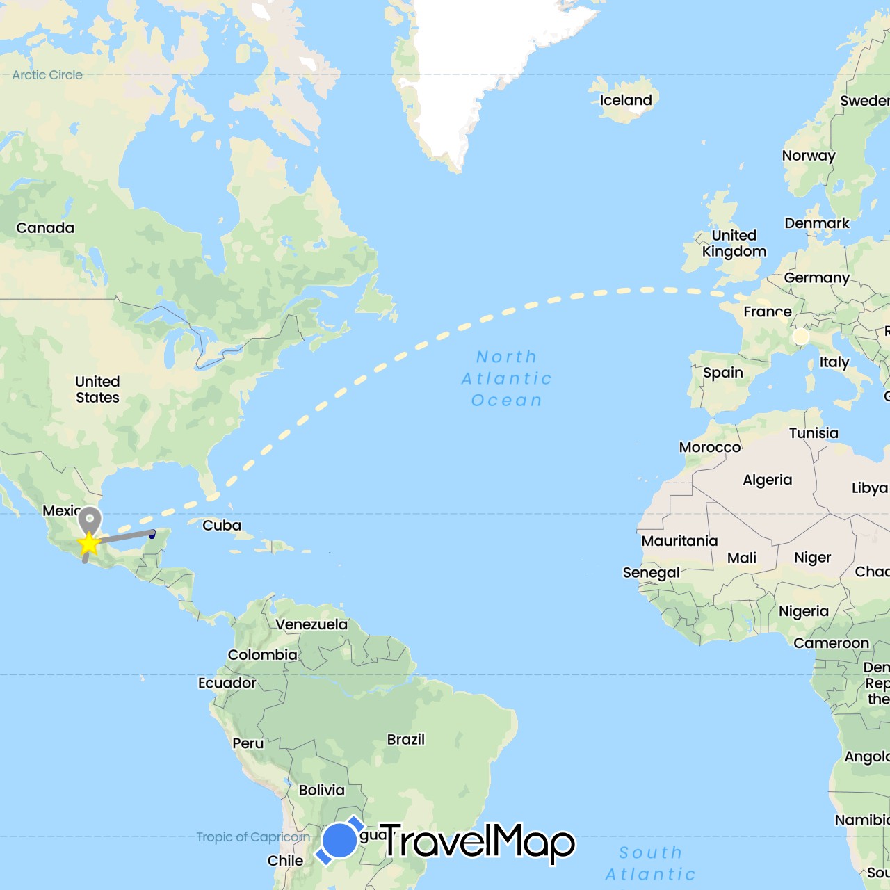 TravelMap itinerary: driving, bus, plane, volo internazionale in France, Italy, Mexico, United States (Europe, North America)