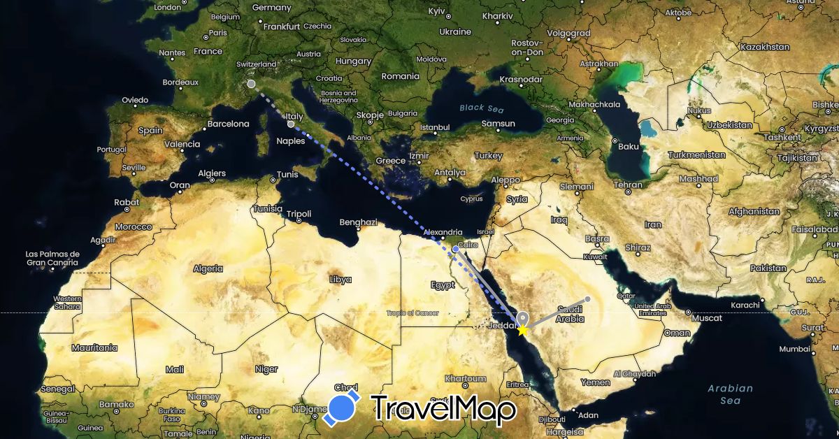 TravelMap itinerary: driving, plane, volo internazionale in Egypt, Italy, Saudi Arabia (Africa, Asia, Europe)