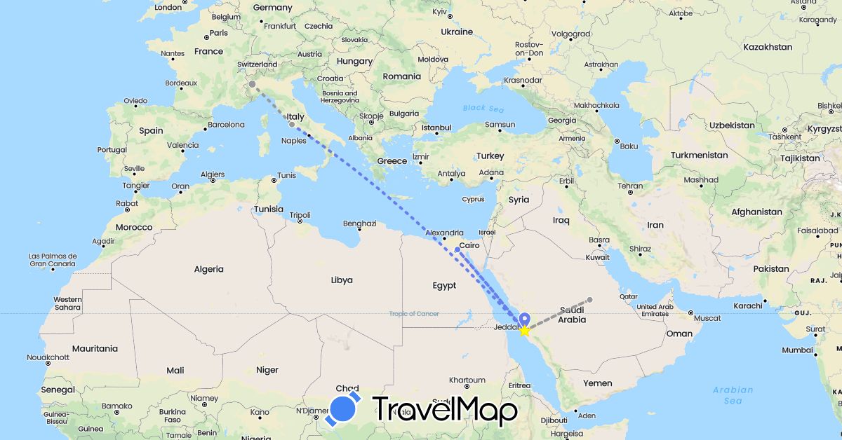 TravelMap itinerary: driving, plane, volo internazionale in Egypt, Italy, Saudi Arabia (Africa, Asia, Europe)