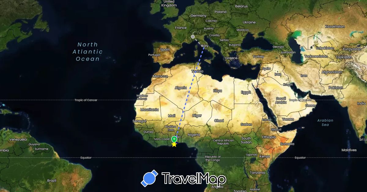 TravelMap itinerary: driving, bus, plane, volo internazionale in Ghana, Italy, Togo (Africa, Europe)
