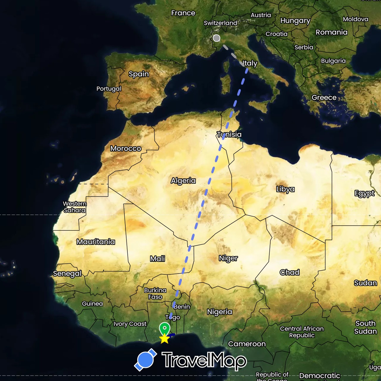 TravelMap itinerary: driving, bus, plane, volo internazionale in Ghana, Italy, Togo (Africa, Europe)