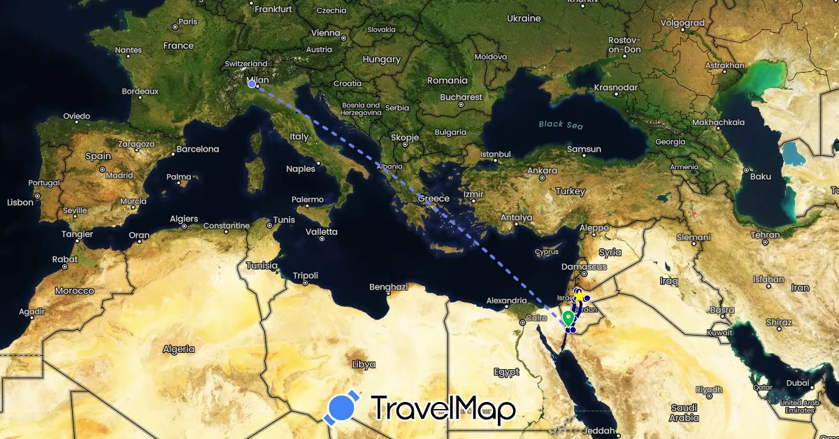 TravelMap itinerary: driving, bus, volo internazionale in Italy, Jordan (Asia, Europe)