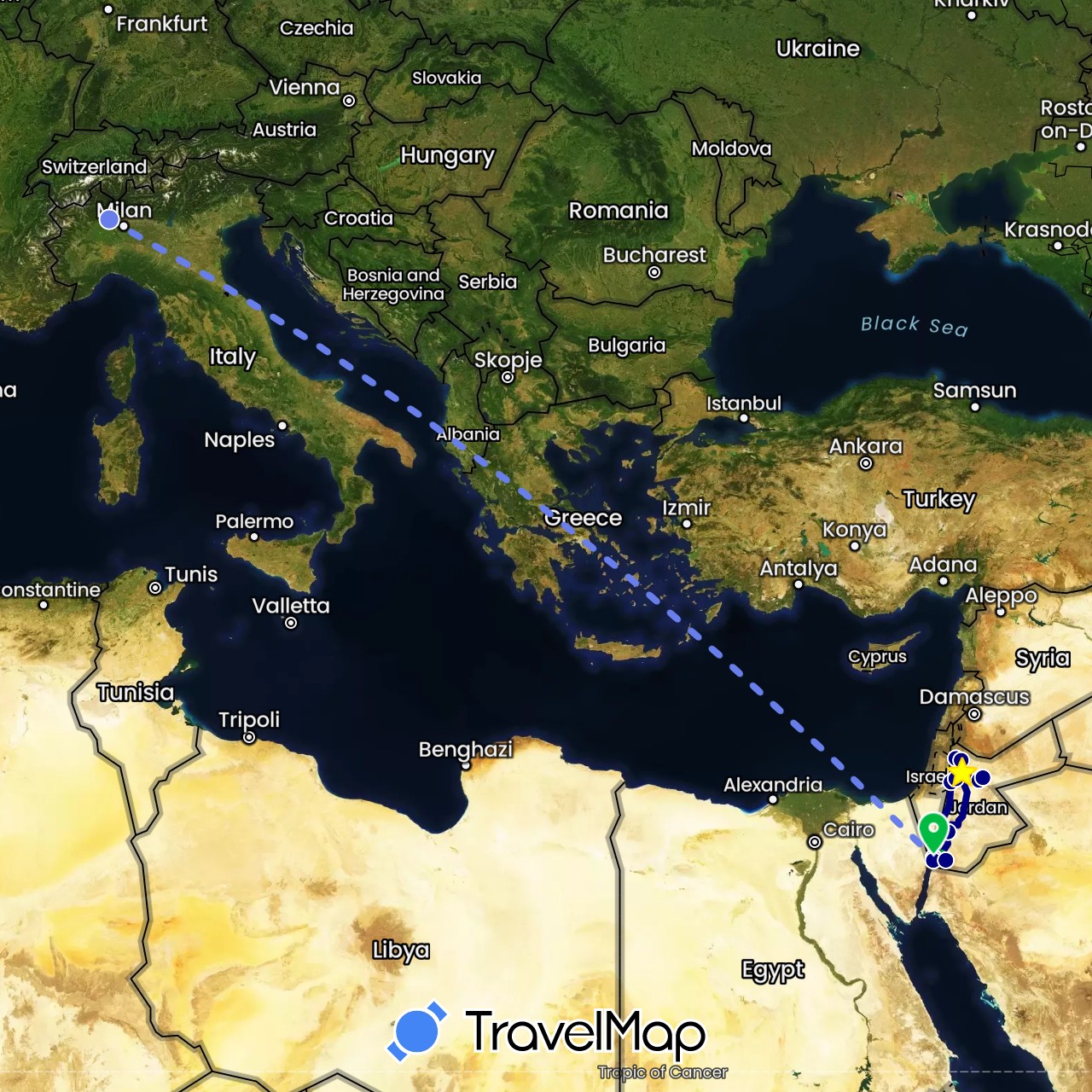 TravelMap itinerary: driving, bus, volo internazionale in Italy, Jordan (Asia, Europe)