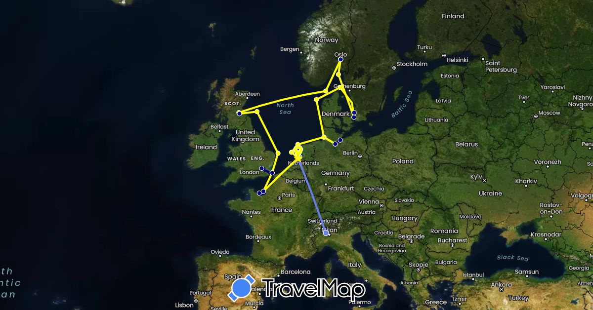 TravelMap itinerary: driving, boat, volo internazionale, crociera in Germany, Denmark, France, United Kingdom, Italy, Netherlands, Norway (Europe)