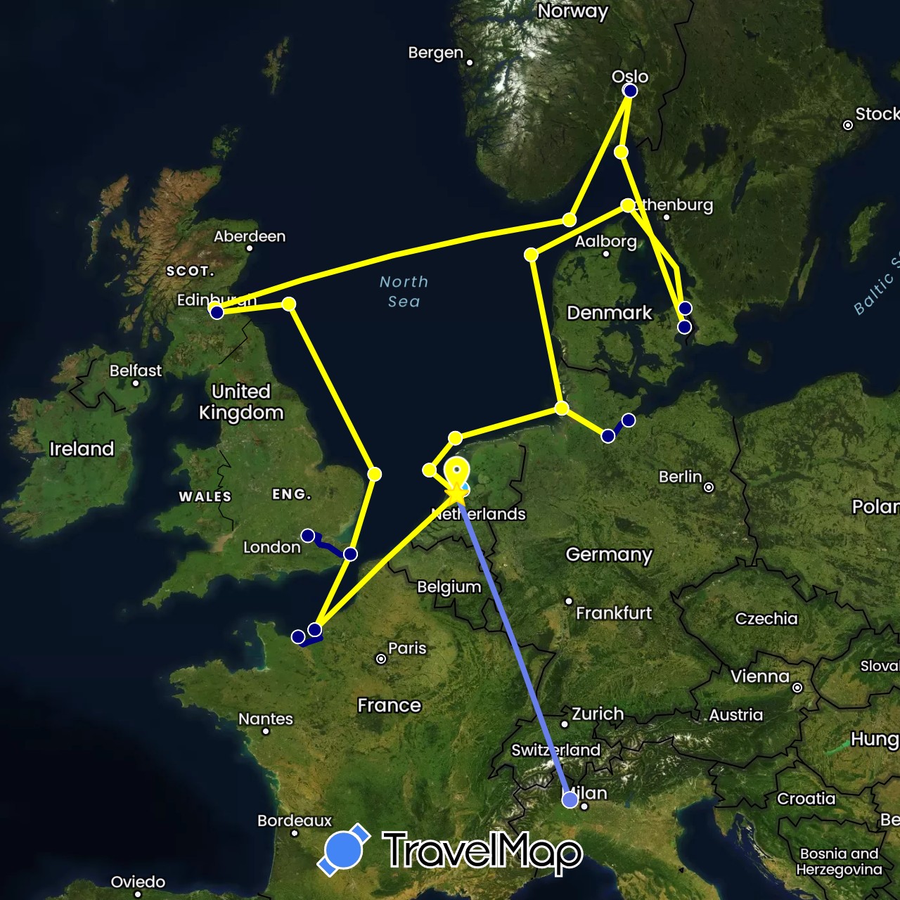 TravelMap itinerary: driving, boat, volo internazionale, crociera in Germany, Denmark, France, United Kingdom, Italy, Netherlands, Norway (Europe)