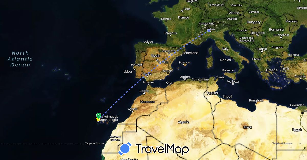 TravelMap itinerary: driving, bus, volo internazionale in Spain, Italy (Europe)