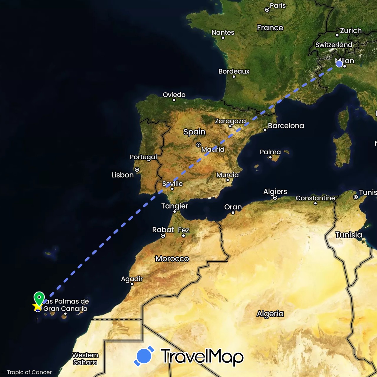 TravelMap itinerary: driving, bus, volo internazionale in Spain, Italy (Europe)