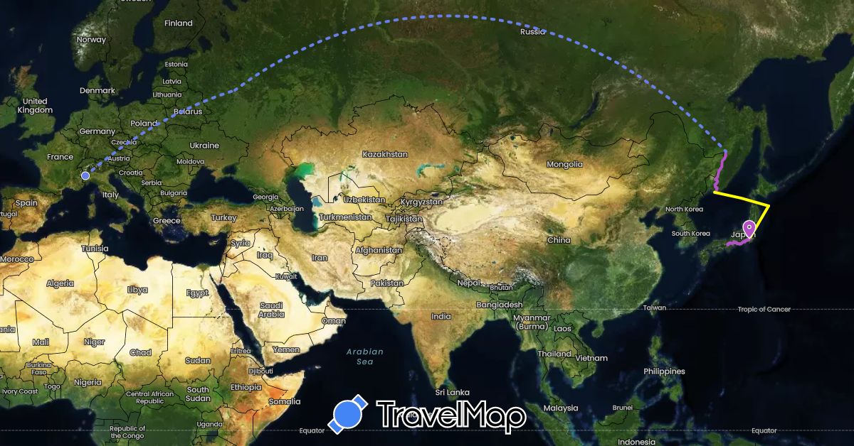 TravelMap itinerary: driving, train, volo internazionale, crociera in Italy, Japan, Russia (Asia, Europe)